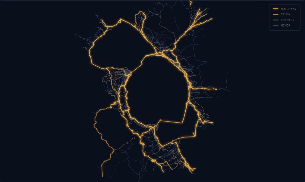 Real-time travel in the bay: the Bay Area warped so distances match travel times, freeways glowing amber